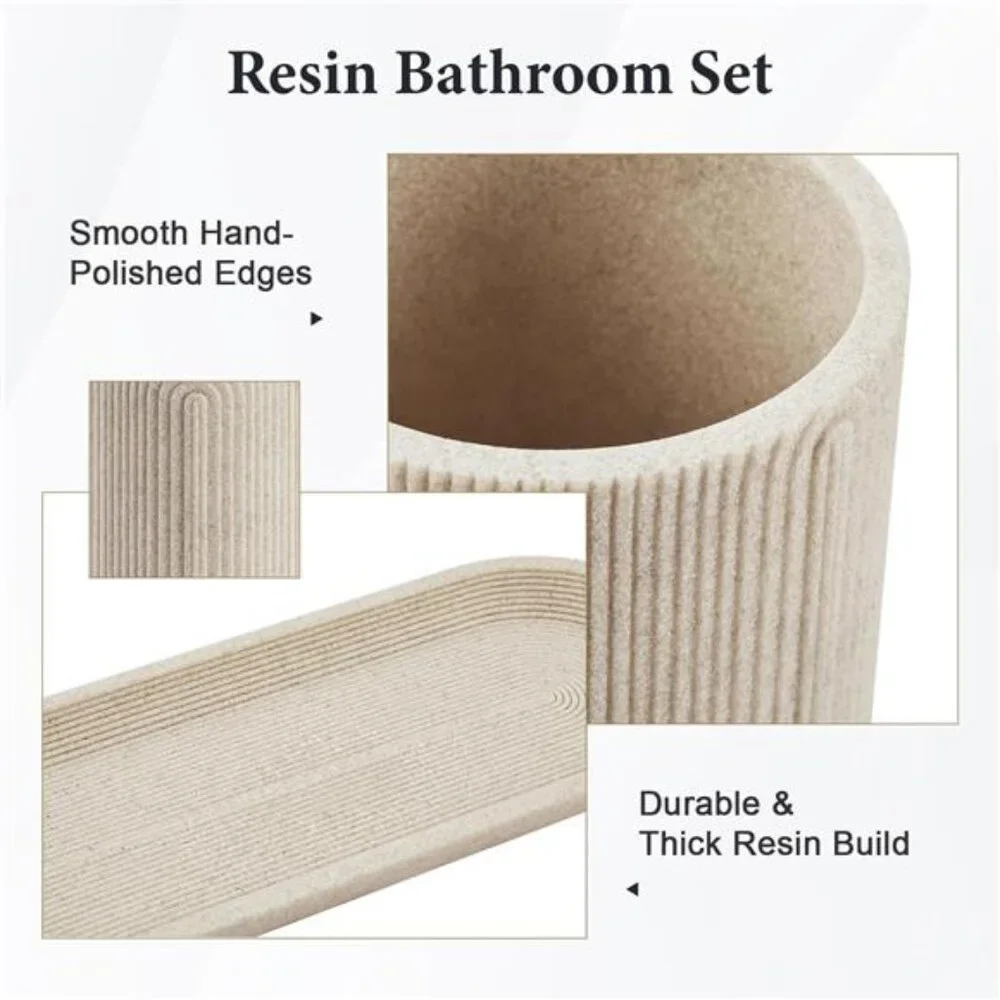 7 Piece Bathroom Accessories Set Soap Dispenser Toothbrush Holder Qtip Tray Tan
